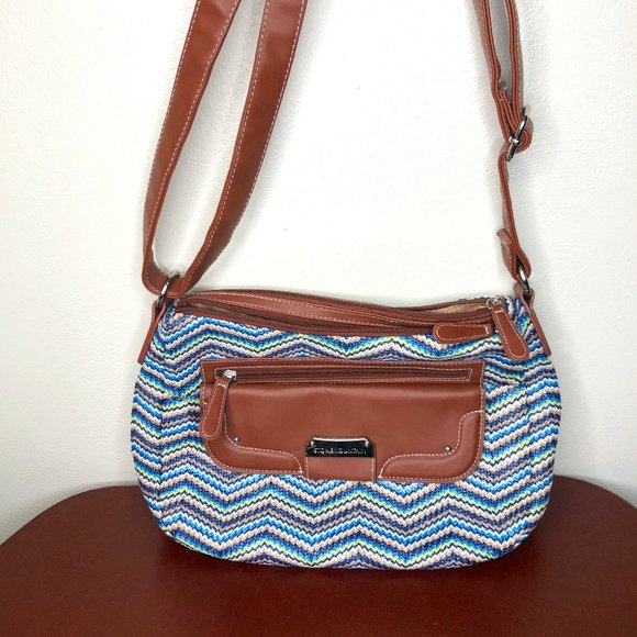 Stone Mountain Accessories Handbags - Stone Mountain Woven Crossbody Multicolor Aztec Print Faux Leather Strap EUC